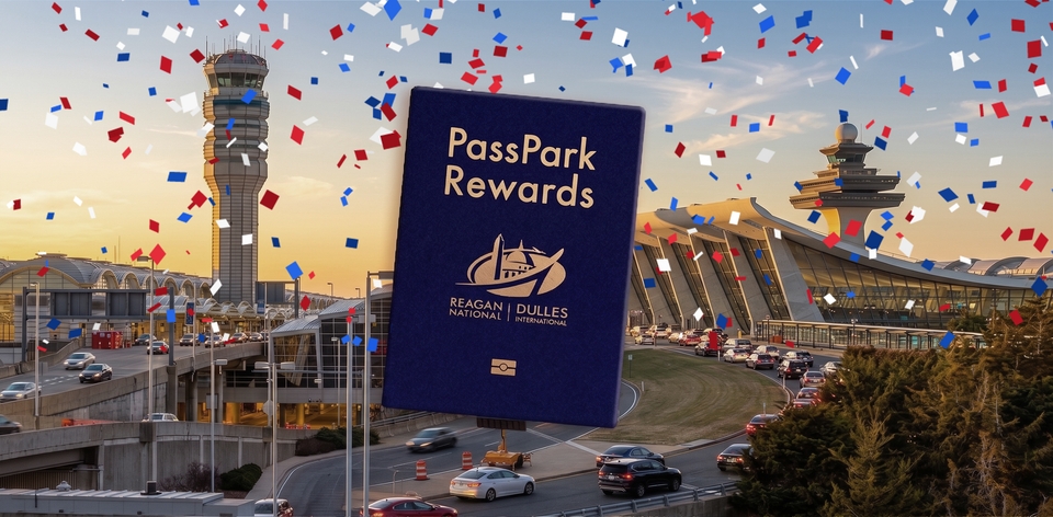The image shows a PassPark Rewards card with logos for Reagan National and Dulles International airports. In the background are the control towers and terminals of these airports. Confetti is scattered across the scene. Traffic is visible on the road leading to the airports.