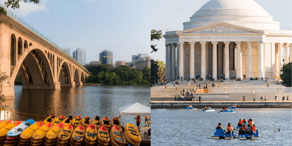 The image is split into two scenes. The left side shows a collection of colorful kayaks stacked near a riverside with a bridge and cityscape in the background. The right side features the Jefferson Memorial with people in pedal boats on the water in front of it.