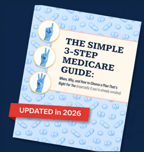 Cover of "The Simple 3-Step Medicare Guide" updated for 2025, with blue hand signs showing numbers 1, 2, and 3 on a medical pill background.
