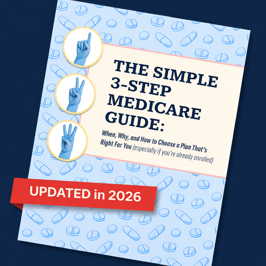 Cover of "The Simple 3-Step Medicare Guide" updated for 2025, with blue hand signs showing numbers 1, 2, and 3 on a medical pill background.