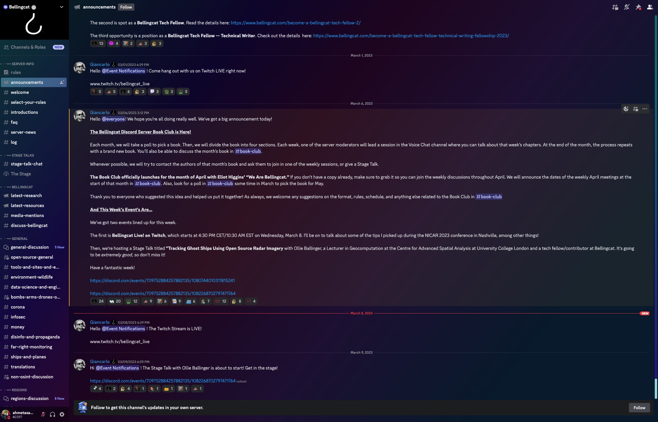 Bellingcat'in Discord kanalından bir ekran görüntüsü. Sol tarafta kanal listesi, ana ekranda ise duyuru kanalındaki mesajlar görünüyor.