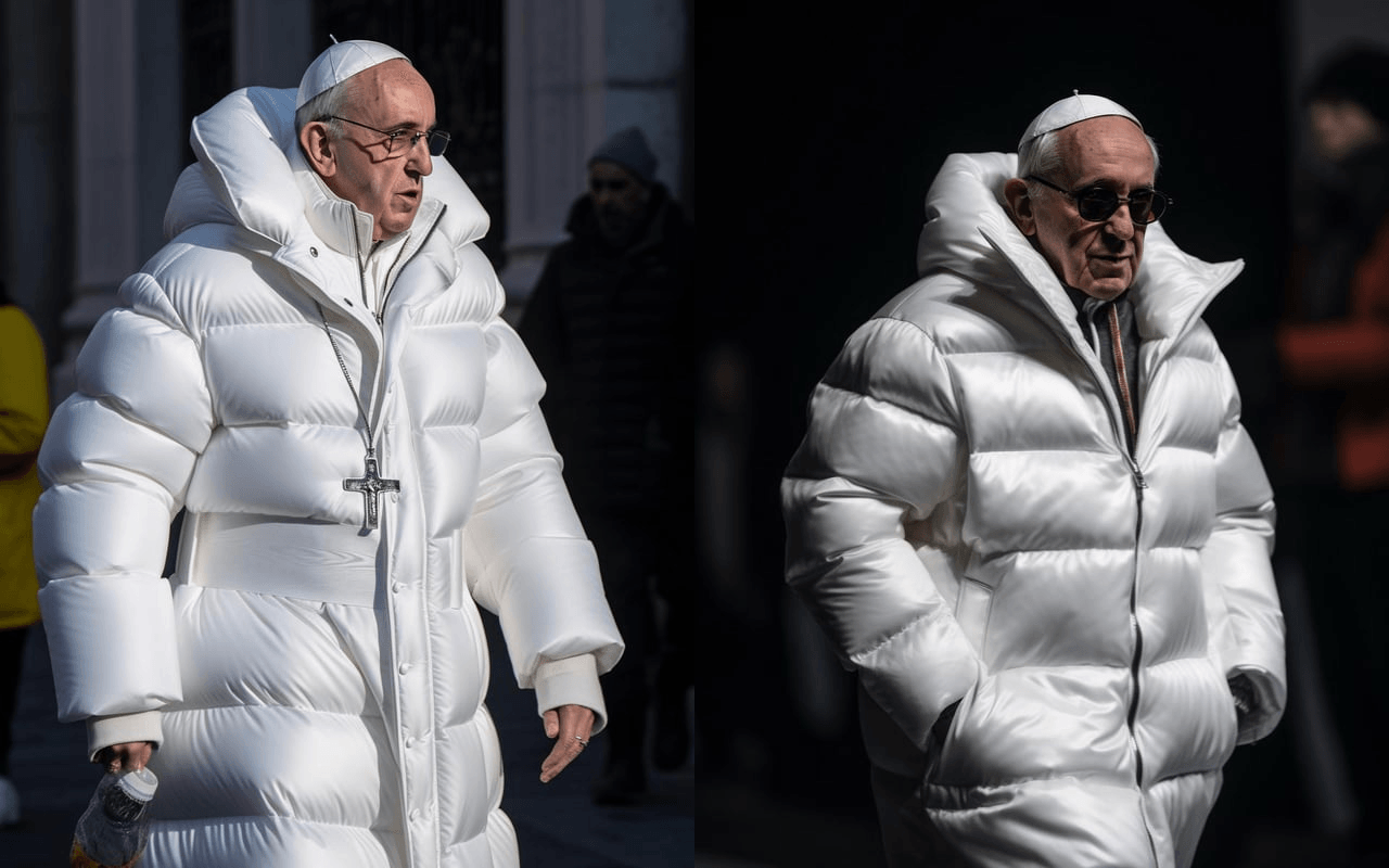 Midjourney ile üretilen iki Papa görseli yan yana. İkisinde de Papa Balenciaga tarzı büyük beyaz şişme kotla görülüyor. İlkinde sokakta yürürken ikincisinde siyah arka plan önünde güneş gözlükleriyle poz vermiş gibi duruyor.