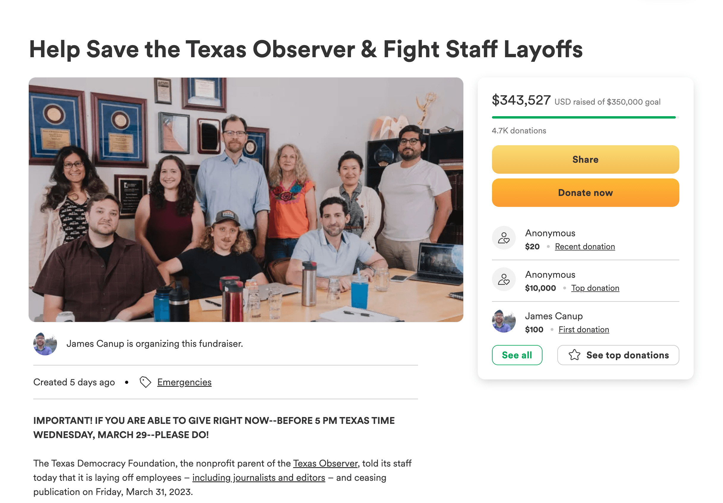 Texas Observer dergisinin hayatta kalmasını sağlayan bağış kampanyası sayfasının ekran görüntüsü. Ekran görüntüsü alındığında 4700 kişiden 343 bin dolar toplanmıştı.