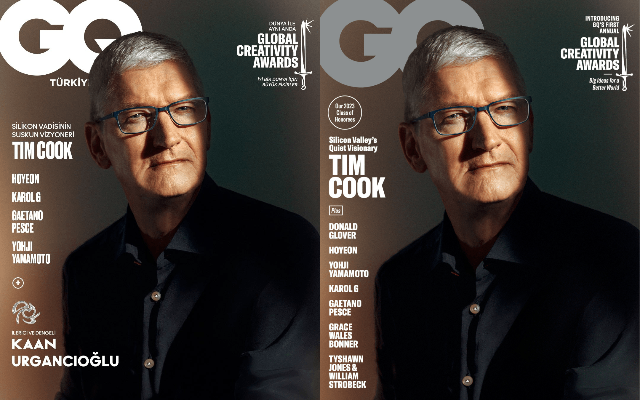 GQ dergisinin Bahar 2023 sayısının Tim Cook kapağının iki farklı versiyonu yan yana. Solda Türkiye kapağı, sağda ABD kapağı aynı fotoğraf ve benzer başlıklarla görülüyor.