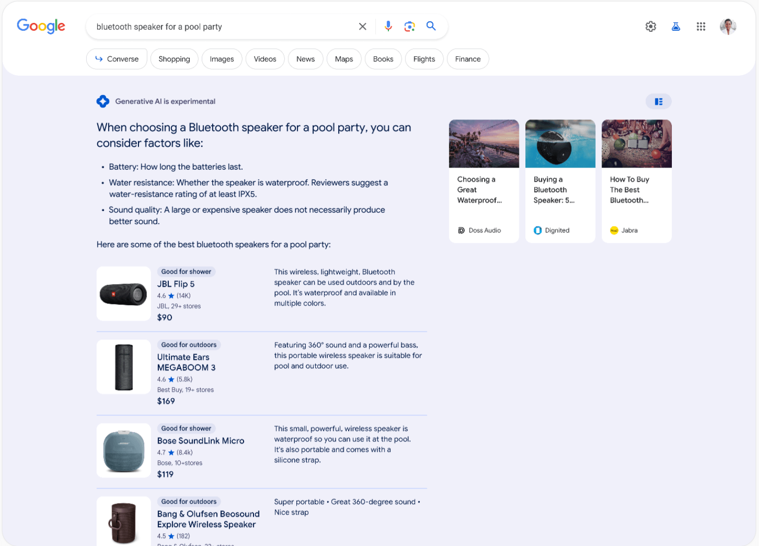 Google'da "havuz partisi için bluetooth spreaker" aramasına yapay zekânın hazırladığı sonucu gösteren bir ekran görüntüsü.