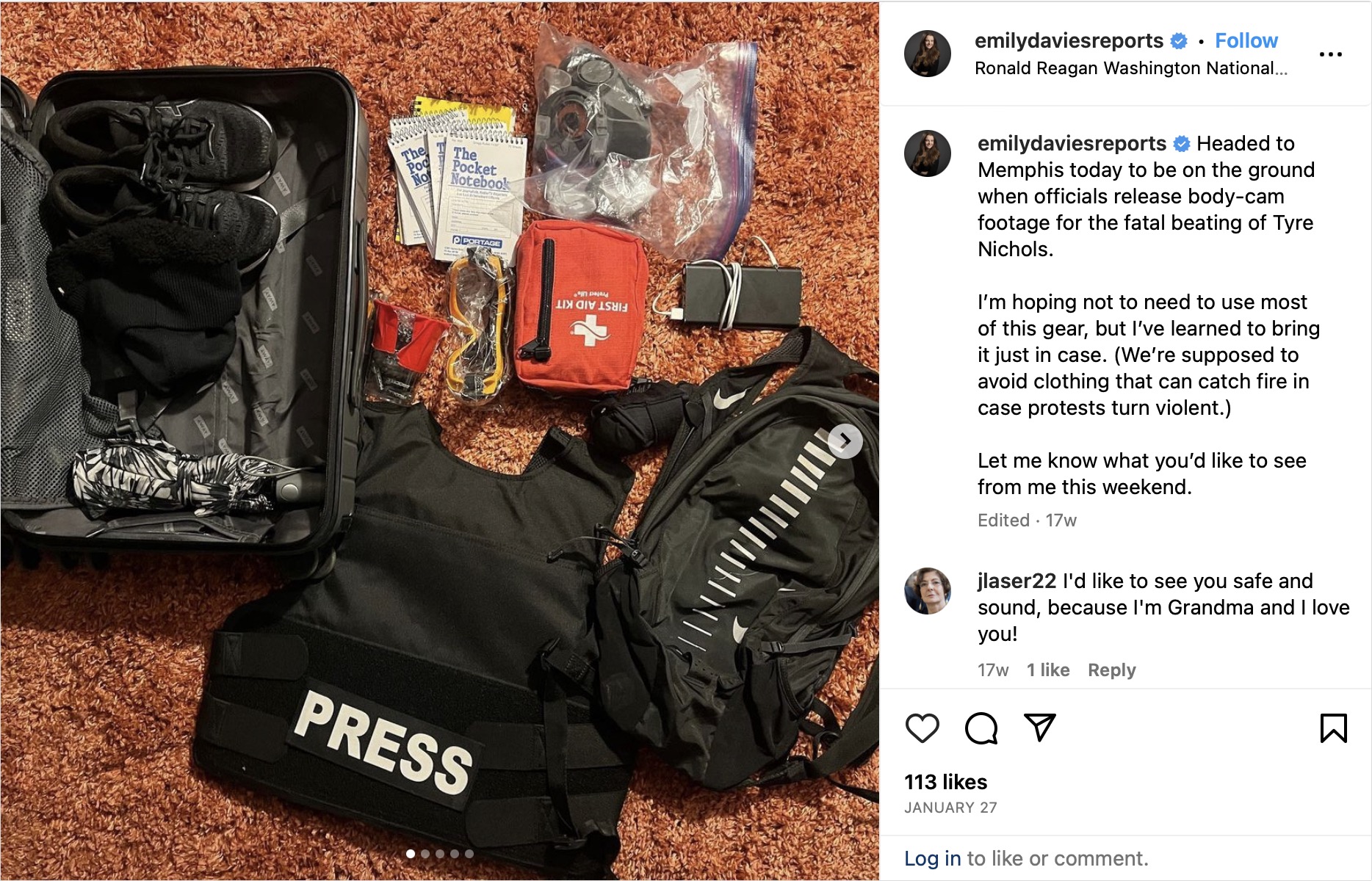 Emily Davies'in Instagram profilinden alınan bir ekran görüntüsünde haber takibine giderken valizine neler koyduğunu anlattığı bir post var.