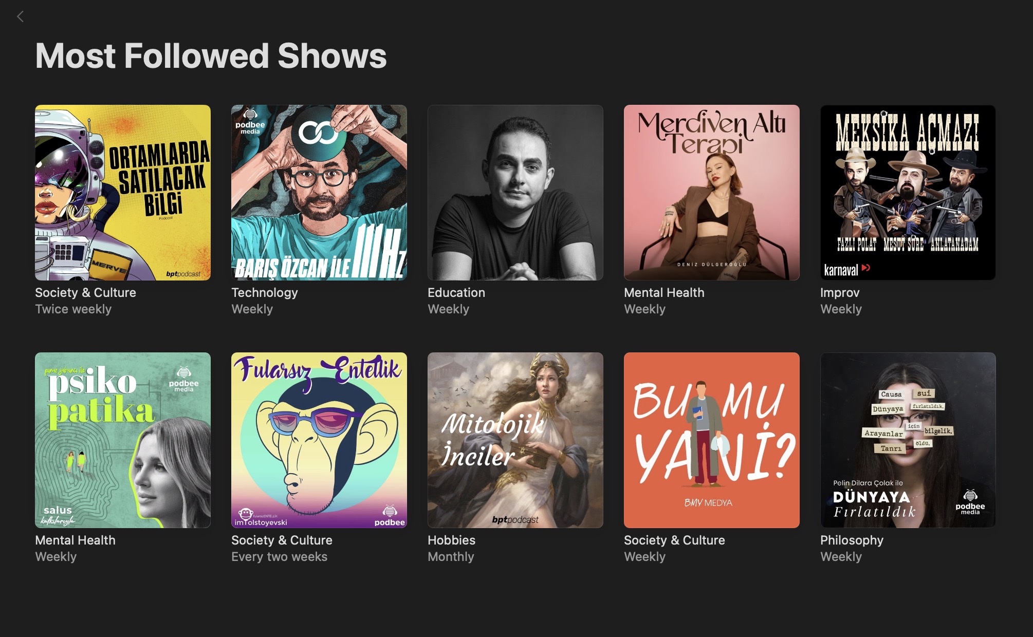 Apple Podcast'te 2023 yılında en çok takip edilen podcastlerin listesinin ekran görüntüsü. Birinci sırada Ortamlarda Satılacak Bilgi var. Ayrıca Fularsız Entellik, Meksika Açmazı, Dünyaya Fırlatıldık da listedeki podcastlerden birkaçı.