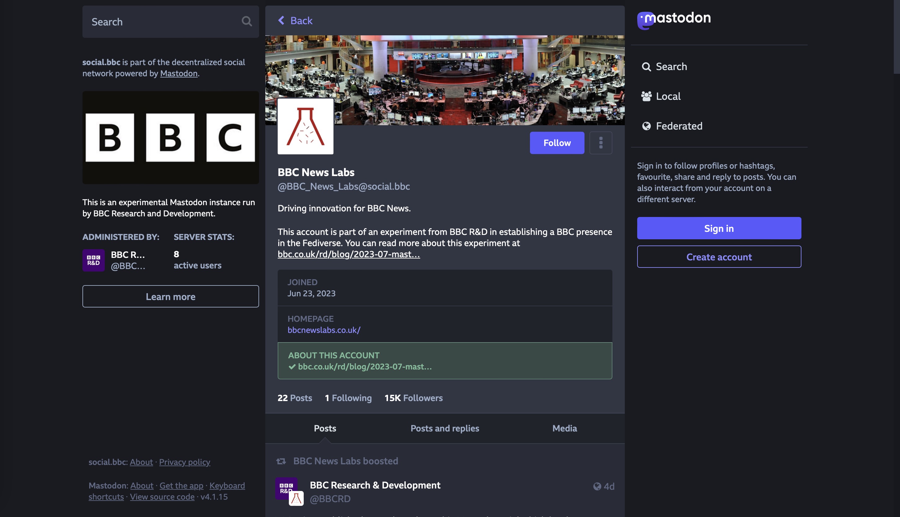 BBC'nin kendisine ait Mastodon sunucusu bbc.social'da yer alan BBC News Labs hesabının ekran görüntüsü.