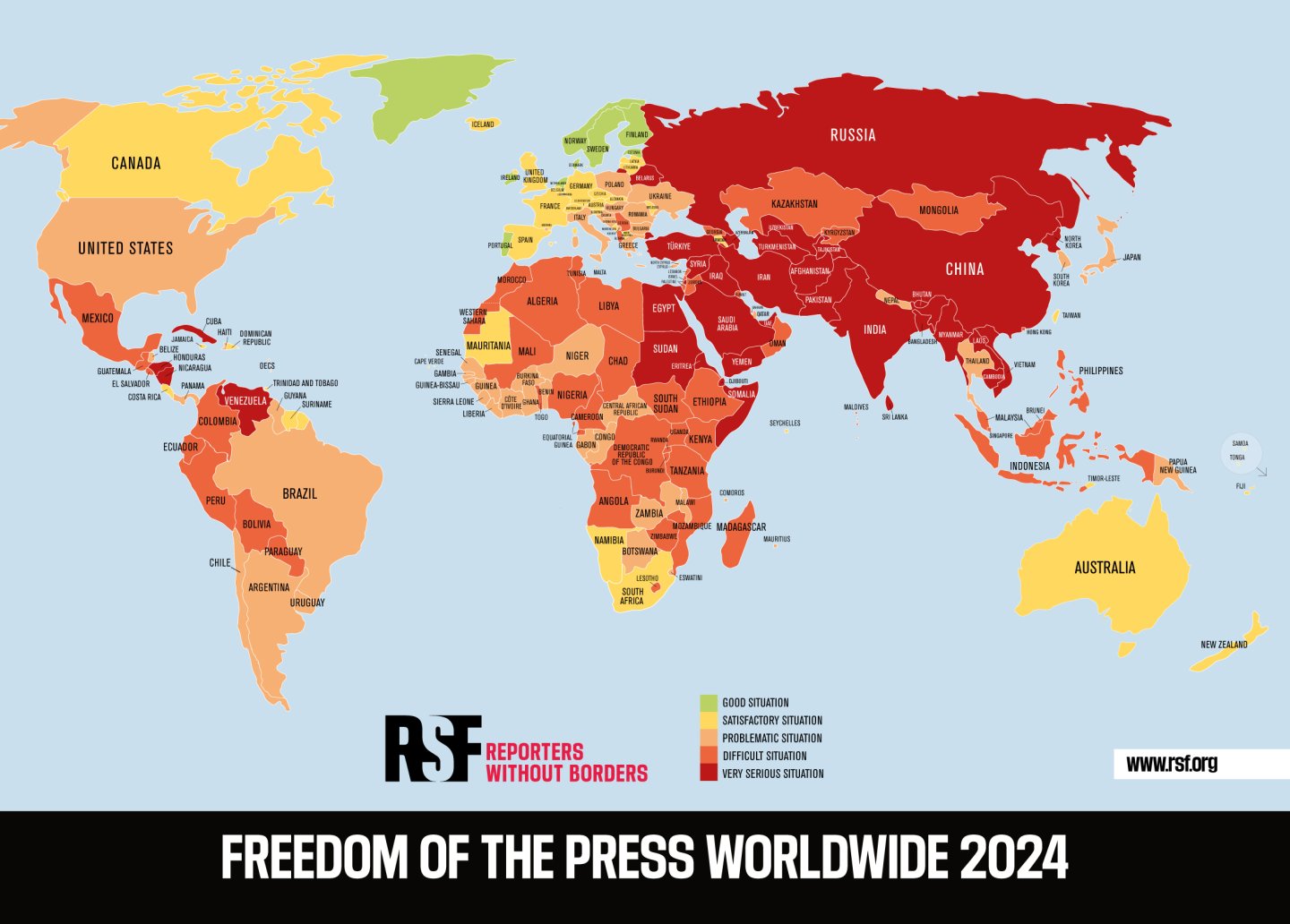 RSF'nin her yıl yayınladığı dünyada basın özgürlüğünün durumunu gösteren haritanın 2024 edisyonu. Giderek kırmızı tonlardaki ülke sayısı artarken yeşil renkte olan ülkeler neredeyse yok denecek kadar azalmış durumda.