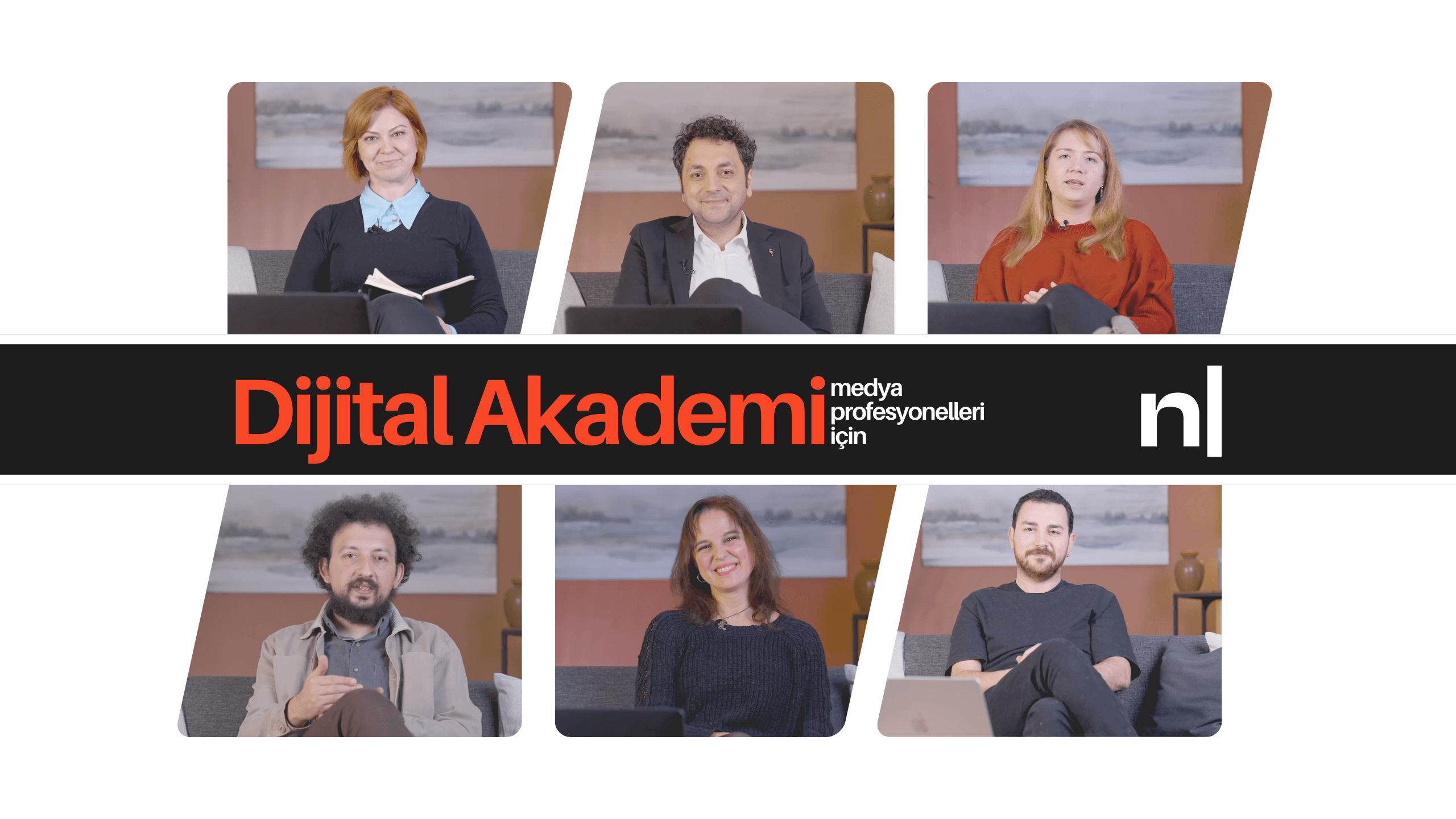 medya profesyonelleri için dijital akademi başlığının etrafında altı eğitmenin ders videolarından alınmış ekran görüntüleri var.