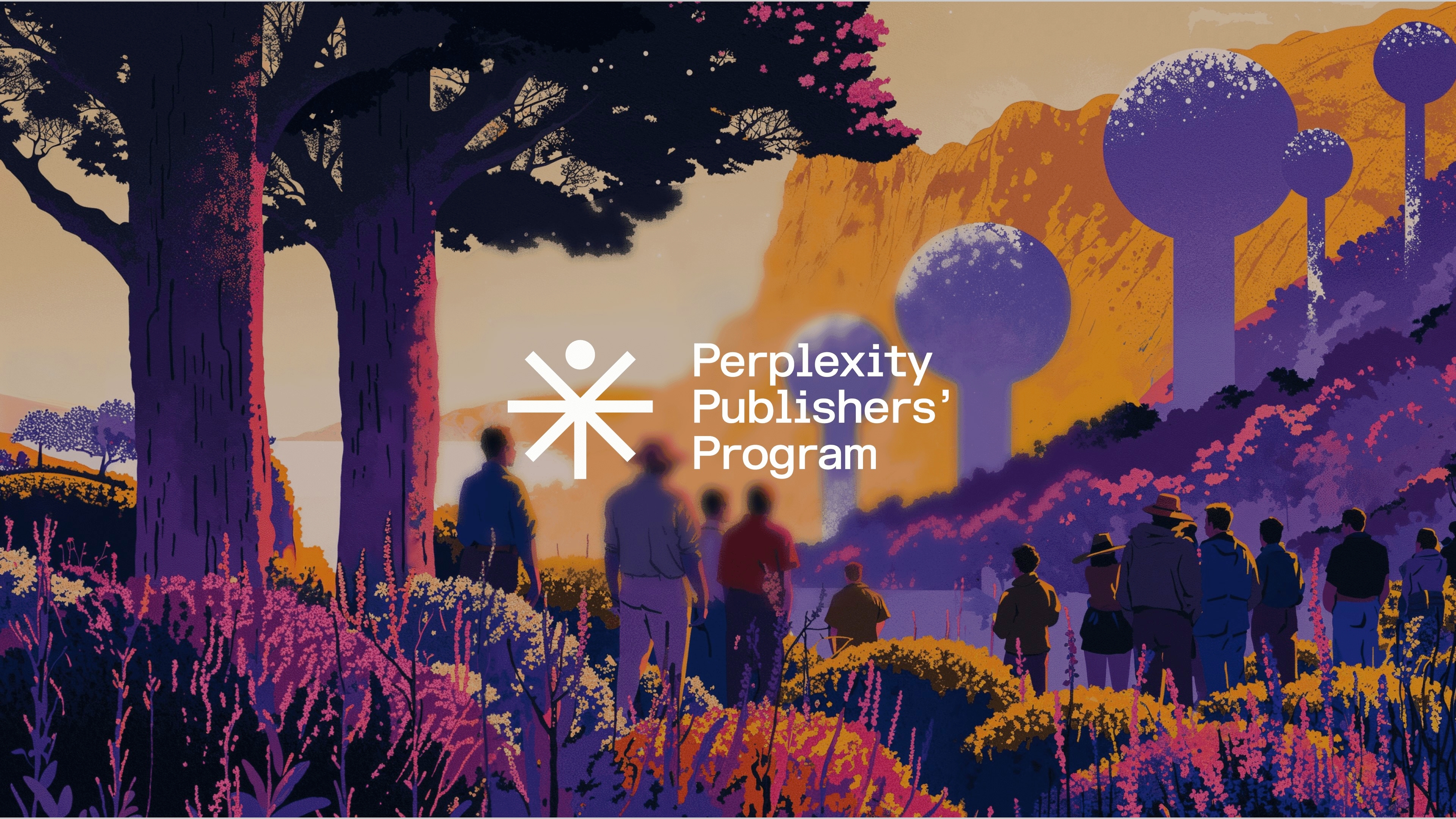 Pastel rengi bir doğa çiziminin içerisinde bir sürü insan görünüyor. Bunların üzerinde Perplexity Publishers' Program yazıyor.