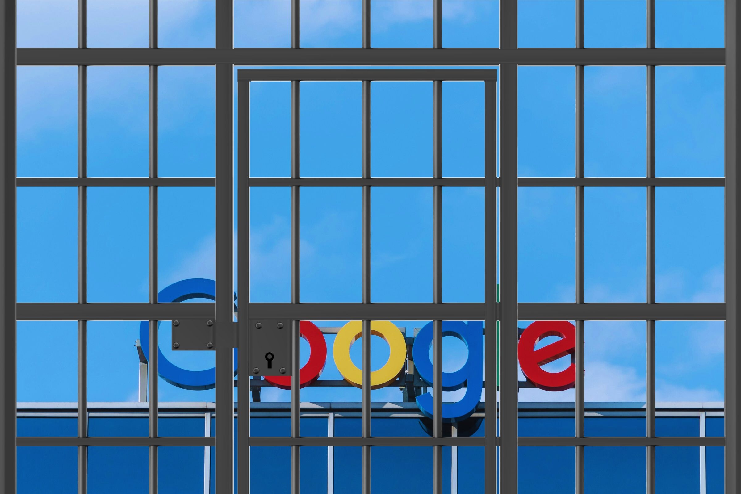 Bir nezarethane kapısının arkasında Google logosu görülüyor.