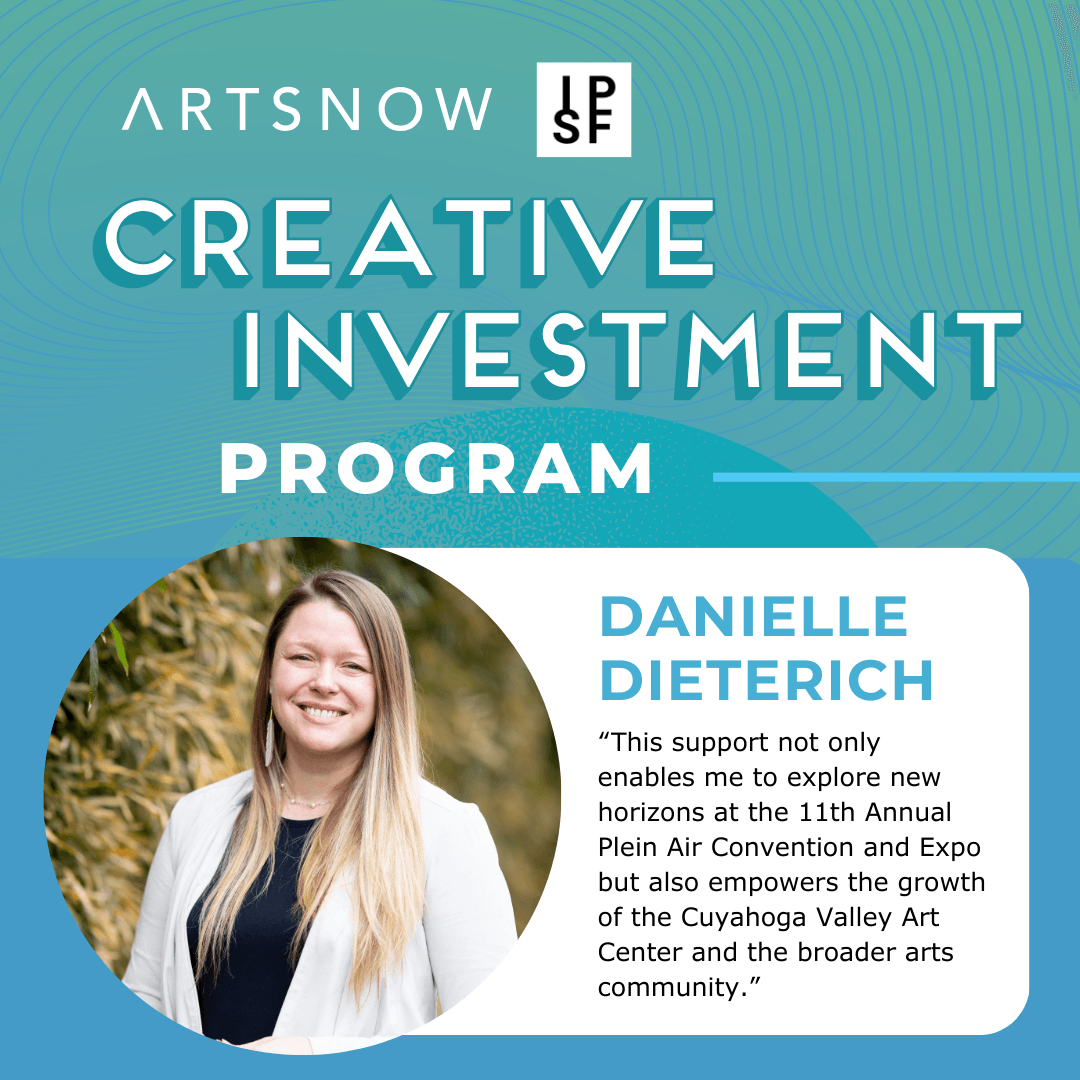 Blue graphic with a photo of a woman smiling. Text reads: Danielle Dieterich, "This support not only enables me to explore new horizons at the 11th Annual Plein Air Convention and Expo but also empowers the growth of the Cuyahoga Valley Art Center and the broader arts community.”