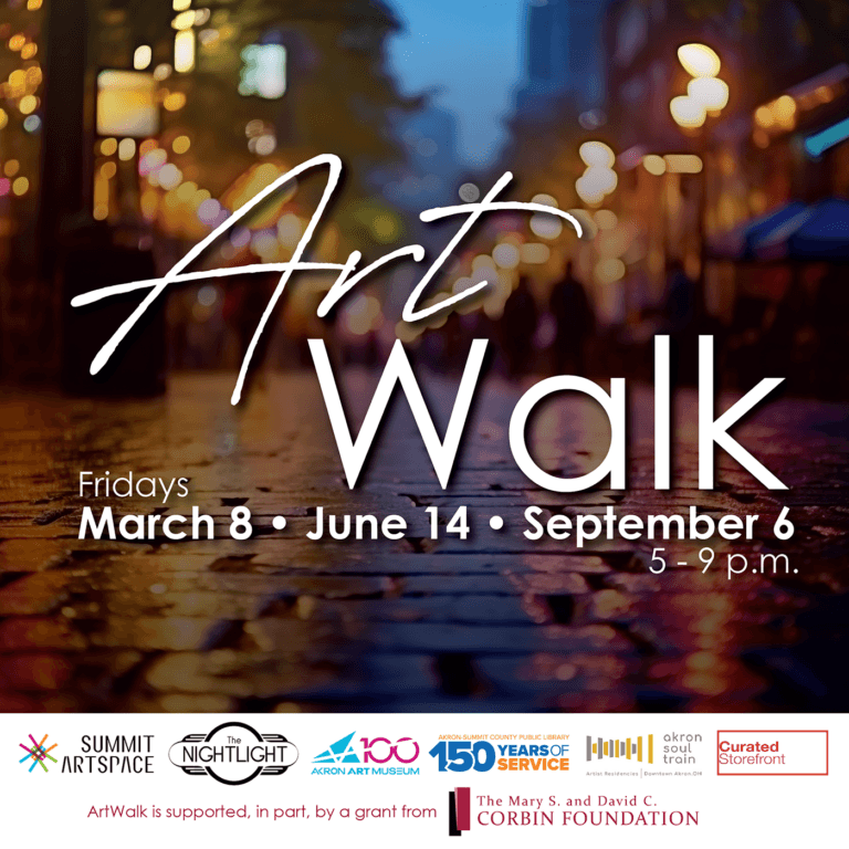 Photo of a city street with white text that reads "Art Walk, Fridays March 8, June 14, and September 6, 5-9 p.m.."