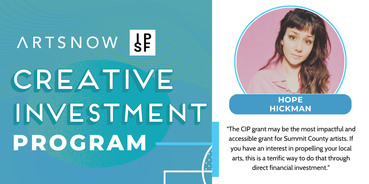 Blue graphic with a photo of a woman smiling. Text to the left reads "ArtsNow and IPSF, Creative Investment Program." To the right is the photo of a woman smiling. Text below photo reads "Danielle (Dee) Fairweather. This grant directly allows me to invest in my future by becoming a better artist and in turn allows me to bring skills and learnings back into the NE Ohio artist's community.”