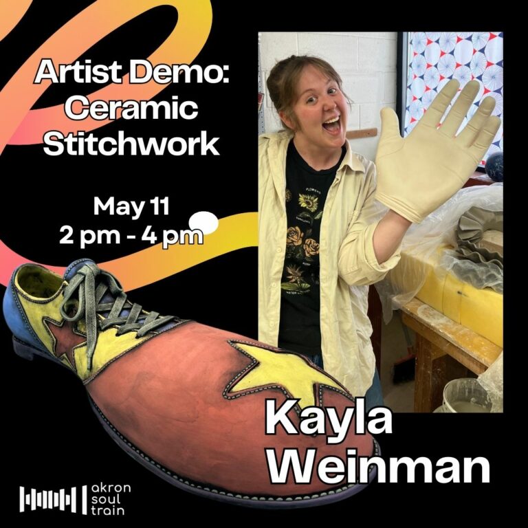Black and orange graphic with a photo of a woman smiling wearing a large hand. A large clown shoe is next to the photo. Text reads "Artist Demo: Ceramic Stitchwork, May 11, 2pm-4pm, Kayla Weinman