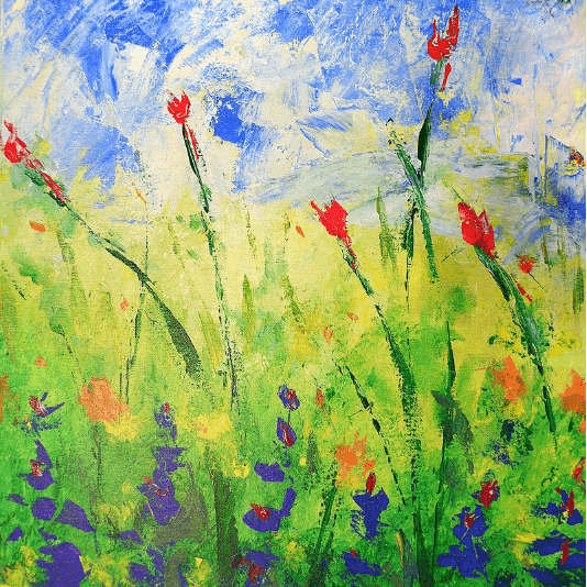 Painting of flowers red, orange, and purple flowers.