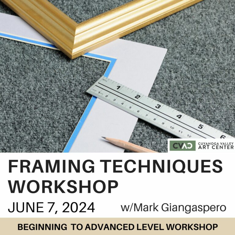 A ruler and a picture frame photo with text below that reads "Framing Techniques Workshop, June 7, 2024 with Mark Giangaspero"