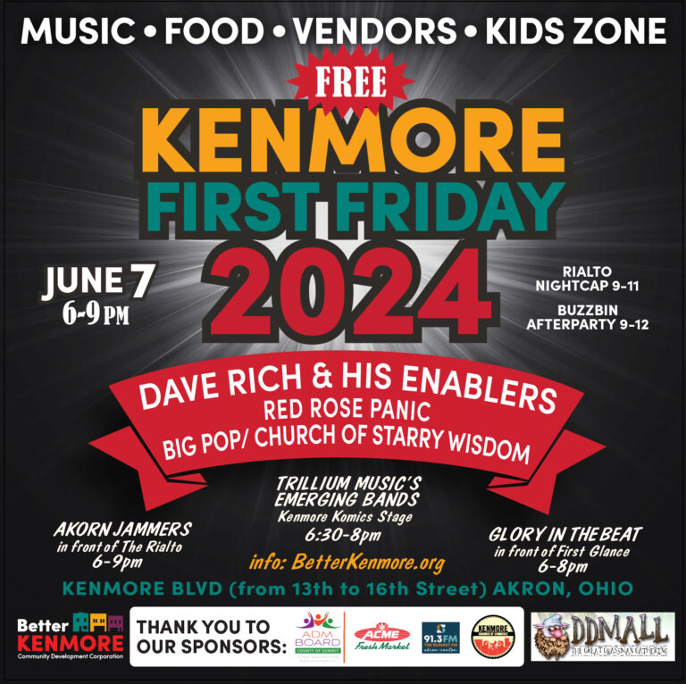 Colorful graphic that reads "Kenmore First Friday 2024" with details about the event. 