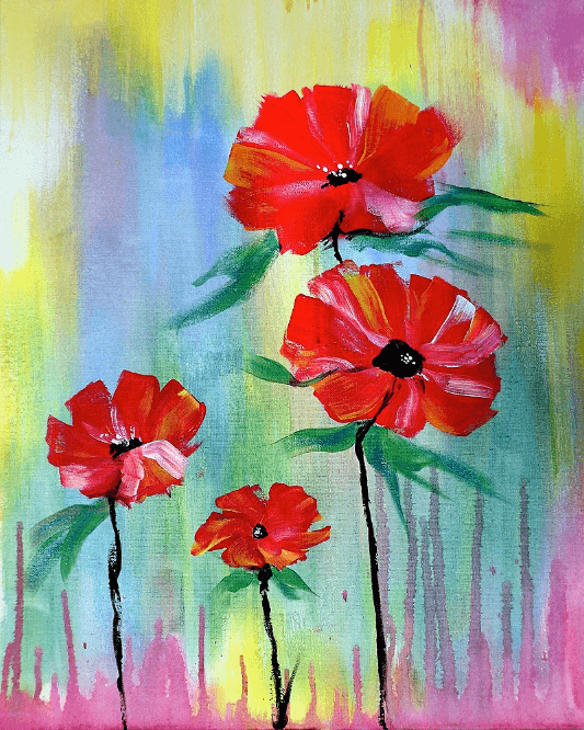 Yellow, purple, blue, and pink painting of red poppy flowers.