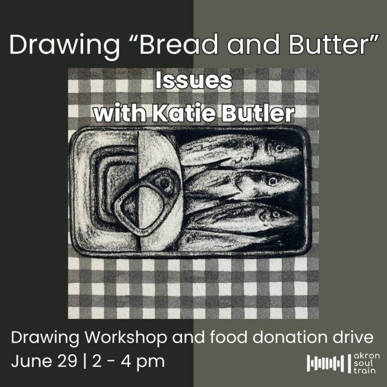 Drawing of sardines in a can with text above reading "Drawing 'Bread and Butter' Issues with Katie Butler. 