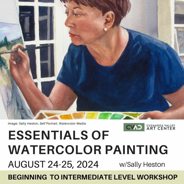 Painting of a woman painting with text below that reads "Essentials of Watercolor Painting, August 24-25, 2024."
