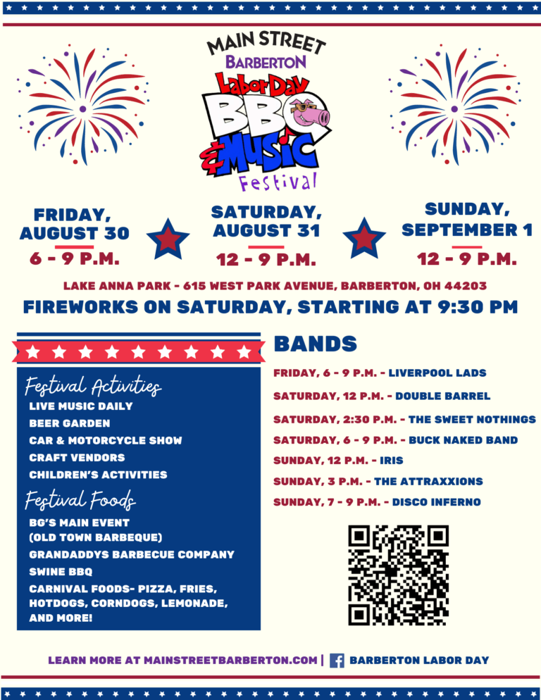 Red, white, and blue flyer for Main Street Barberton's Labor Day BBQ and Music Festival. 