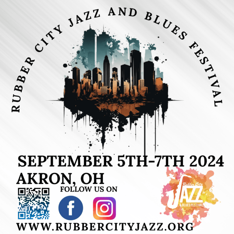 Gray flyer that reads "Rubber City Jazz and Blues Festival, September 5-7, 2024 Akron OH."