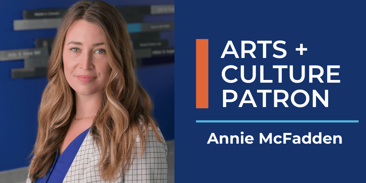 Blue graphic with a photo of a woman smiling. Text reads "Arts and Culture Patron, Annie McFadden"
