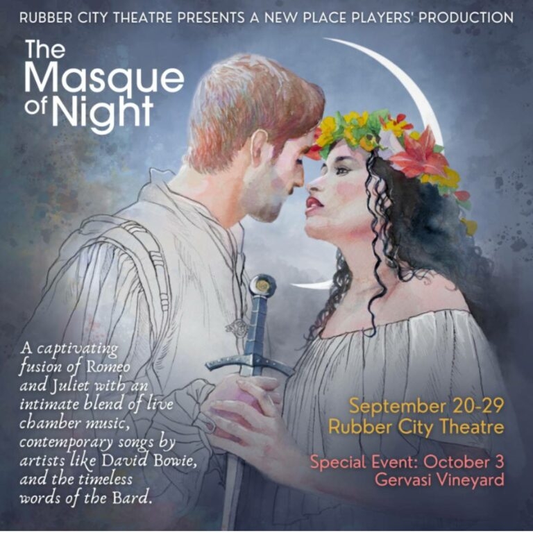 A painting of a man and woman wearing flowers holding a sword. Text reads "Rubber City Theatre Presents a New Place Players' Production, The Masque of Night."