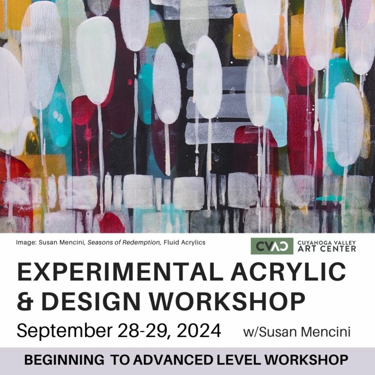 A colorful acrylci painting with text at the bottom that reads "Experimental Acrylic and Design Workshop, September 28-29, 2024."