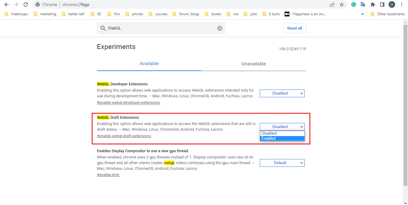 Enabled WebGL Draft Extensions