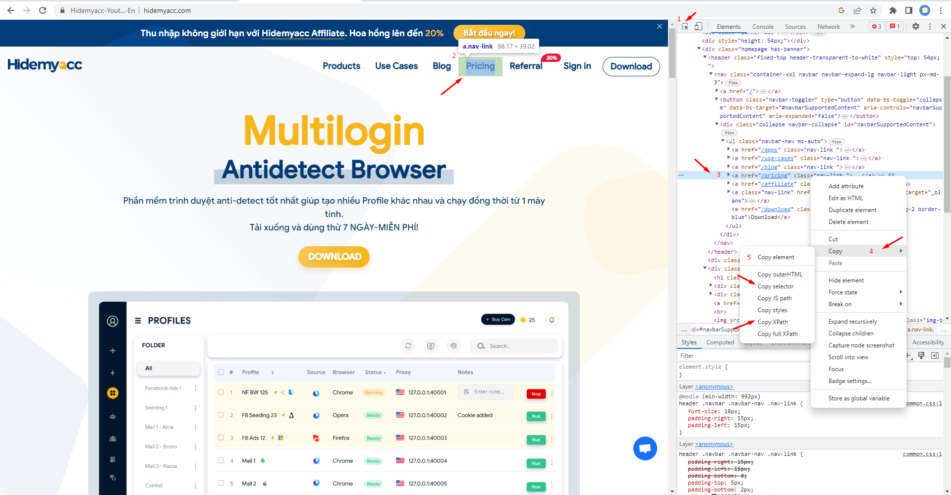 Copy the selector or Xpath